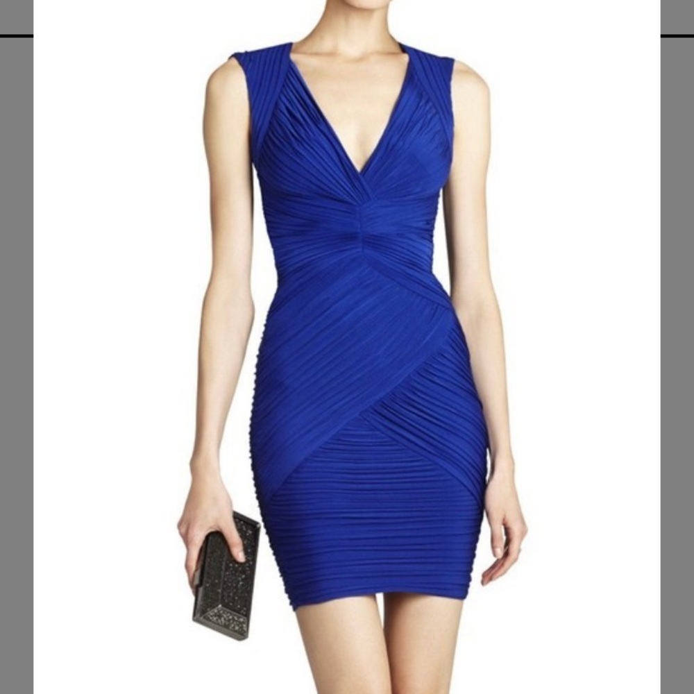 BCBG Edesa Shirred V-Neck Cocktail Dress Blue